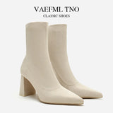 Quality Socks Short Boots Women Solid Knitting Boots Stretch Sock Mid-calf Boots Party Square High Heels Sexy Ankle