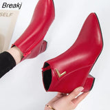 ANKLE BOOTS Fashion Casual Genuine Leather Low High Heels Thick Shoes PU Autumn Pointed Toe Rubber Female Winter Black