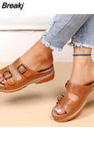 Women Closed Toe Summer Shoes 2023 New Comfort Double Buckle Wedge Ladies Sandals Plus Size Platform Casual Slippers