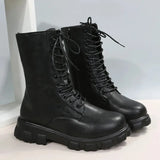Black White Platform Ankle Boots for Women Thick Bottom Punk Motorcycle Boots Woman Plus Size Pu Leather Botas Mujer