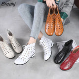 2023 Summer Ankle Boots Genuine Leather Shoes Women Med High Heel Back Zipper Boots Cutout breathable Mujer