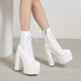 Boots Round Toe Block High Heel 14cm Platform Zipper Lace Up Plus Size 35-43 Party Booty Solid Platform Boots Ladies
