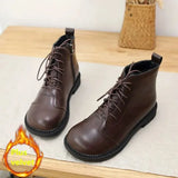 Wide Toe Small Leather Boots Ankle Boots Autumn Winter Plus Velvet Warm Short Boots Mori Literary Casual Women