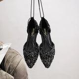 Women Ballet Flats Luxury Rhinestone Wedding Shoes Cross-Tied Lace Up Pointed Toe Shallow Mouth Shoes Loafers Plus