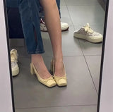 for Women Closed Ladies Shoes Square Heels Footwear Bow High Summer 2023 Pumps Heeled Red on Offer Daily F Vip Korea