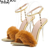 Women Sexy Sandals Transparent High Heels Ladies Fashion Fluffy Pointed Toe Buckle Strap Party Shoes
