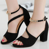 summer sexy fish mouth hollow Roman sandals thick with word with beaded high heels female summer Sexy female