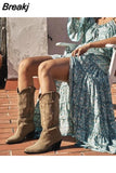 Suede Embroidered Mid-Calf Boots Women Designer Shoes Thick Heel Pointed Toe Cowboy Boots for Women Knight Botas
