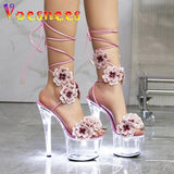 Transparent Platform High Heels Light Up Glowing Luminous Sandals Handmade Flowers Ankle Strap 17CM Summer Shoes For