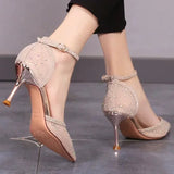 Sexy Black Mesh High Heels Shoes Women Summer 2023 Pointed Toe Crystal Pumps Woman Shiny Ankle Strap Party Shoes