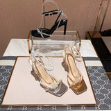 Summer New Women Sandals Fairy Style Square Head Silver Rhinestone Slim Band Temperament One Word Band Versatile High