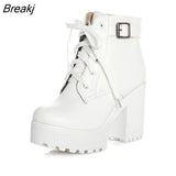 Boots Boots Women Round Toe Buckle Shoes Women High Heel Fashion Plus Size Square Heels Lacing 3 Colors