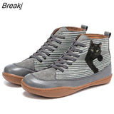 Products In Autumn and Winter of 2021 Women's Fashion Striped Cat Flat Shoes with High Top and Lace Up