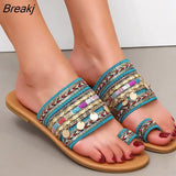 Women's Bohemian Sandals Summer Flats Female Casual Peep Toe Shoes Slip on Rhinestone Strappy Sandalias for
