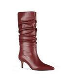 Women Mid-Calf Boots Sexy Solid Color Leather Folds Boots Pointed Toe Thin Heels Stiletto Party Shoes Large Size