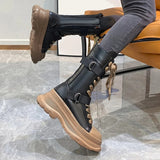Punk Chunky Platform Motorcycle Boots Women 2023 Mixed Color Lace Up Mid Calf Boots Woman Thick Bottom Pu Leather