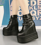 Wedges Rivet Ankle Boots Thick-Sole Waterproof Platform Muffin Womens Boots Super High Heels Women Boots Increase