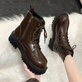 Autumn Winter Platform Ankle Boots Women Thick Sole Pu Leather Biker Boots Woman 2023 Short Plush Lace-Up Shoes