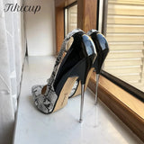 Snake Pattern Women Patchwork 16cm Extremely High Heels Plus Size 35-46 Pointed Toe Metal Stilettos Crossdressing