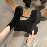 Women Platform Ankle Boots Suede Black Khaki Elastic Thin Boots Chunky High Heel Slip on Gothic Short Botas