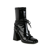 Women Ankle Boots with Chunky Heels Size 34~46 Korean Style Patlent Leather Pumbs Square Toe Elegant Booties Spring Autumn