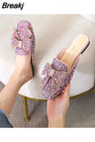 Women Square Toe Paillette Beads Mules Slippers Summer Shoes Womens Sandals Flip Flops Pearl Bling Glitter Slides Plus