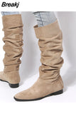 New Fashion Pleated Women Knee-high Boot Low Heel Ladies Pointed Toe Knight Boots Shoes High Quality Long
