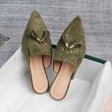 Shoes Mules For Women 2024 Ladies' Slippers Rivet Cover Toe Butterfly-Knot Low Square heel Loafers Flock New Pointed