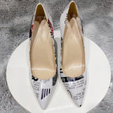 Newspaper Printed Women Patent Pointy Toe High Heel Shoes Fashion Designer Ladies Slip On Stiletto Pumps 8cm 10cm