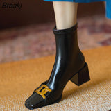 New Chunky Heel Booties Winter Boots for Women Square Toe Women's High Boots Retro Solid Metal Buckle Boot Women