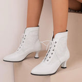 Women Victorian Pointed Toe Ankle Boot Fashion Leather Lace Up Spliced Ladies High Heel Shoe Women Short Boot Plus Size48