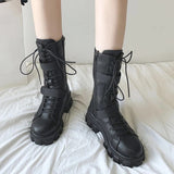 Chunky Platform Motorcycle Boots Women 2023 Autumn Winter PU Leather Mid Calf Boots Woman Thick Bottom Punk Botas