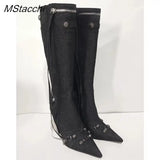 New Metal Rivet Women High Knee Boots Pointed Toe Thin Heels Designer Shoes Party Tassels Zipper-Sid Long Botas De