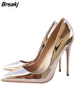 fashion 12 cm extreme high heels shallow mirror pointed toe metal color champagne gold silver QP029