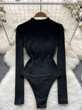 Women Black Long Sleeve Bodysuits New Spring Autumn Stand Collar Hollow Out Front Slim Fit Body Tops Fashion