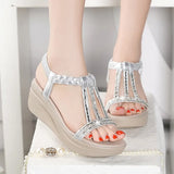 Summer New Slope Heel Sandals Women's Water Drill High Heel Thick Sole Fashionable Muffin Bottom Leather Korean Version Of