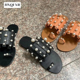 New Women Slippers Summer Pearl Women Slides Flat Casual Outside Women Beach Leather Slippers Large Size 36-43 Women