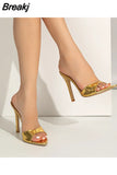New Women's Open Toe Mules Gold Silver Slip on Thin High Heel Sandals Banquet Sexy Fashion Ladies Sandals Plus Size