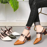 2022 Sandals Women's Pointy Chunky High Heel 6CM Casual Shoes PU Buckle Strap White Zapatos De Mujer Tendencia Plus