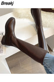 Platform Knee High Boots Slip-on Block Heel Footwear Women Thick High Heels PU Leather Shoes Fashion Spring Female