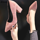 Women Pumps Flock Sweet Thick High Heels Female Sexy Office Pointed Toe Dress Work Pump Cute Shoes Ladies Footwear