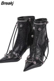Women Pointed Toe Short Boots Metal Decoration Punk Motorcycle Botines Mujer Women's Ankle Boots Rivet Tassel High Heels