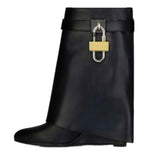 Lock Buckle Women's Mid Calf Boots Punk Style Round Toe High Heel Western Boots Luxury Designer Wedges Women's Short