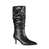 Women Mid-Calf Boots Sexy Solid Color Leather Folds Boots Pointed Toe Thin Heels Stiletto Party Shoes Large Size