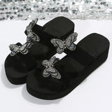 Crystal Butterfly Wedges Heel Slippers Women 2023 Plus Size Thick Sole Sandals Woman Non Slip Platform Flip Flops