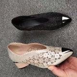 Lace Sexy Pointed Toe Women Shoes Summer 2023 Designer Mid Heels Shallow Mature Dress Woman Shoes Pumps Mujer