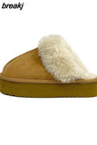 35-43 New Fashion Winter Plush Cotton Slippers Women Flats Shoes Platform Casual Home Suede Fur Warm Slingback Flip