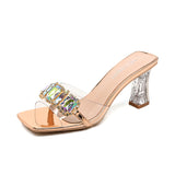 Slippers Women Wear 2024 New Square-Headed Crystal Thick Heels Transparent Sexy High-Heeled Shoes Temperamental