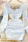 Autumn Winter Velvet Dress for Women Sexy Chain Criss Cross V-neck Long Sleeve High Waist Folds Mini Party Dress