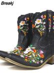 Retro Female Western Boots Wood Sole Spike Heels Pointed Toe Slip-On Floral Flower Ankle Boots Shoes Plus Size